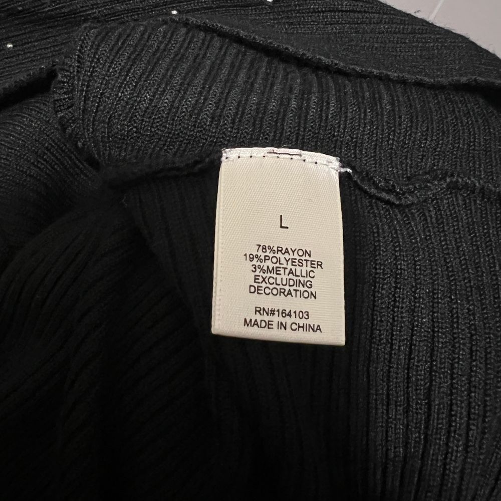 Questions? Black Rhinestone Embellished Ribbed Sweater Party Cocktail Top Sz L - Picture 4 of 4